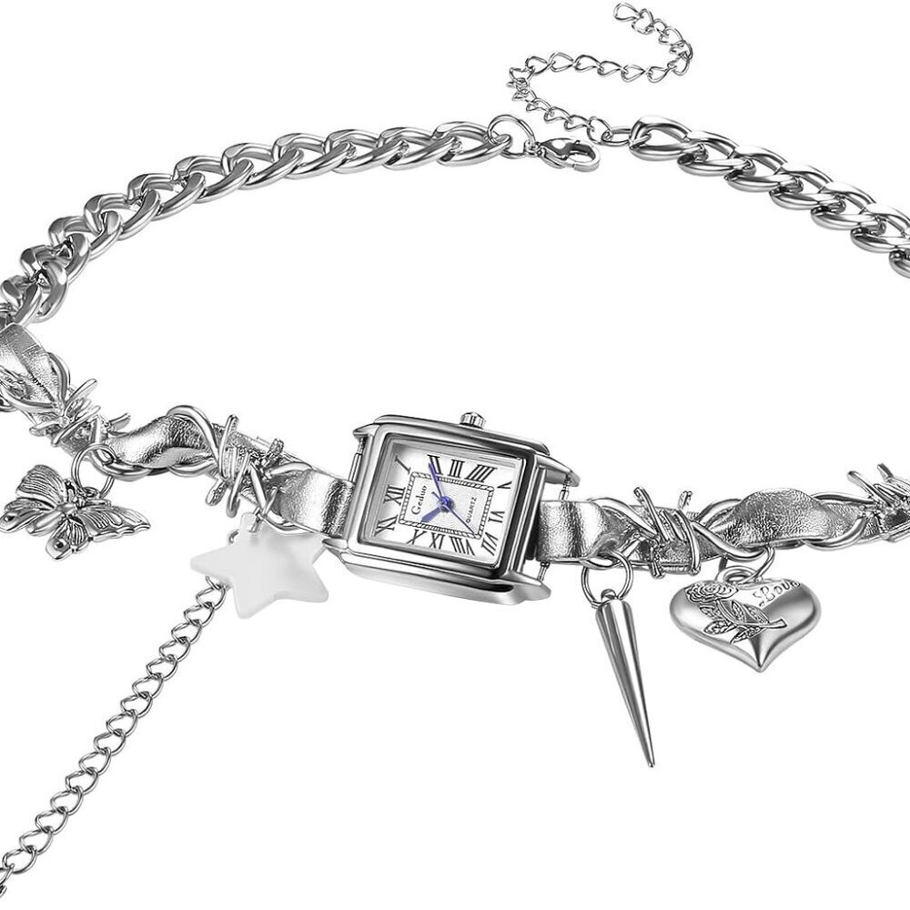 Women's Stainless Steel Choker Watch Silver Square Quartz Jewelry Accessory